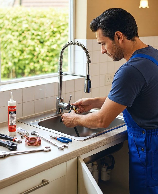 A male plumber in blue overalls is installing a new kitchen faucet into a stainless steel sink, with various tools laid out on the counter. A male plumber in blue overalls is installing a new kitchen faucet into a stainless steel sink, with various tools laid out on the counter.