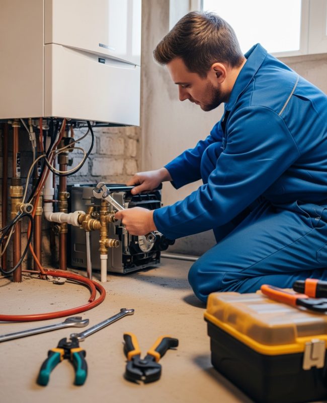A male   in blue overalls and gloves is installing a white wall-mounted boiler, showcasing a boiler installation in Slough. A male in blue overalls and gloves is installing a white wall-mounted boiler, showcasing a boiler installation in Slough.