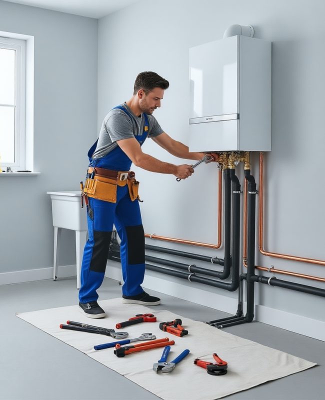Your Local Boiler & Heating Experts in Slough & Nearby A male in blue overalls and gloves is installing a white wall-mounted boiler, showcasing a boiler installation in Slough.